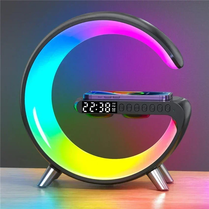 Smart Wireless Phone Charger with Bluetooth 5.0 Dual Speakers LED Alarm Clock and Atmosphere Night Light Lamp On Sale