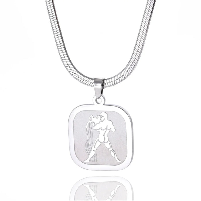 12 Constellation Aquarius Zodiac Square Medallion Pendant Snake Chain Necklaces On Sale