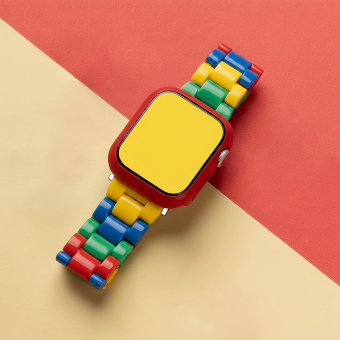 Colourful brick-style resin watch band with red protective case compatible with Apple Watch 38mm–49mm on sale
