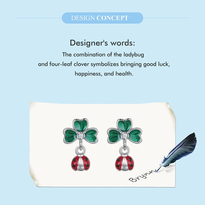 925 Sterling Silver Green Lucky Cloverleaf And Ladybug Earrings Jewelry Set On Sale
