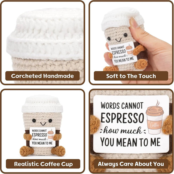 Handmade Positive Message Cute Upbeat Coffee Cup Crochet Plush Dolls For Desktop And Home Decor On Sale