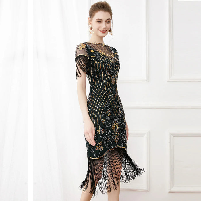 1920s Vintage Gatsby Style Green Semi-Sheer Lace Sleeve Sequin Fringed Flapper Cocktail Party Dresses On Sale