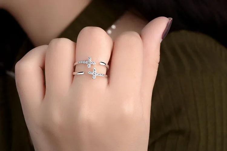 925 sterling silver adjustable double cross ring silver color on sale