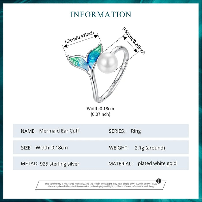 925 Sterling Silver Enamel Mermaid Tail And Pearl Adjustable Ring On Sale