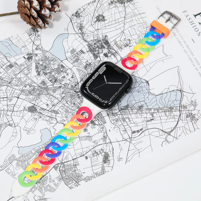 Rainbow O-Ring Silicone Chain Link Bracelets For Apple Watch Band 38mm, 40mm, 41mm, 42mm, 44mm, 45mm, 46mm, 49mm On Sale