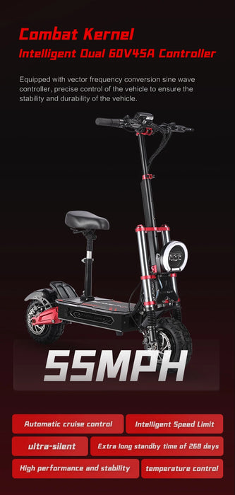 Foldable Off-road Tires Two-wheel Electric Scooter 6000W Motor 60V 38Ah With RGB Colour Lights, Shock Absorption and Smart App Control On Sale