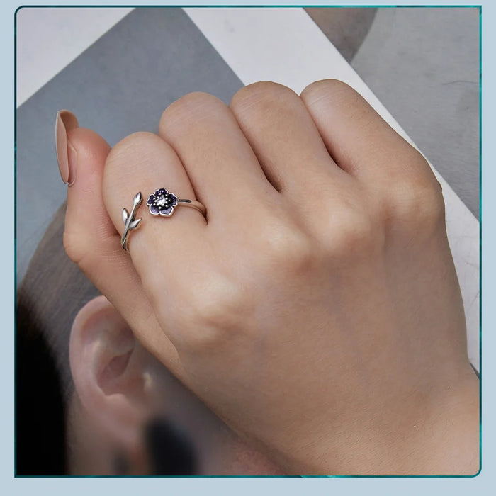 925 Sterling Silver Enamel Flower Adjustable Open Ring With Zircon On Sale