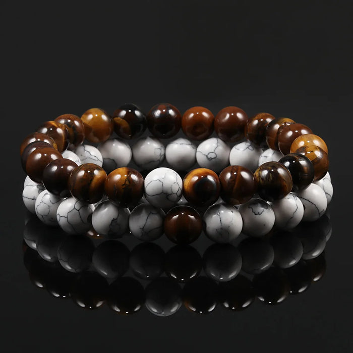 1 Set Natural Tiger Eye And White Howlite Stone Couple Bracelets On Sale