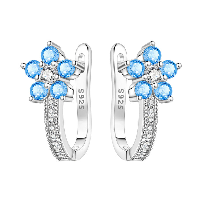 925 Sterling Silver Floral Design Hoop Earrings - Blue Flower On Sale