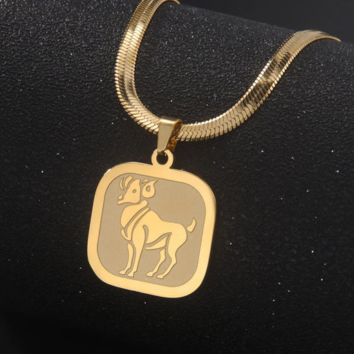 12 Constellation Zodiac Square Medallion Pendant Snake Chain Necklaces On Sale