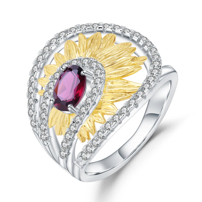 925 Sterling Silver 0.86Ct Natural Rhodolite Handmade Sunflower Ring On Sale