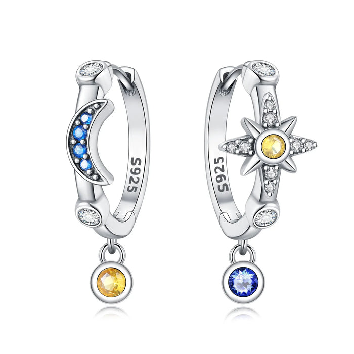 925 Sterling Silver Dreamy Celestial Elegance Star & Moon Hoop Earrings On Sale 