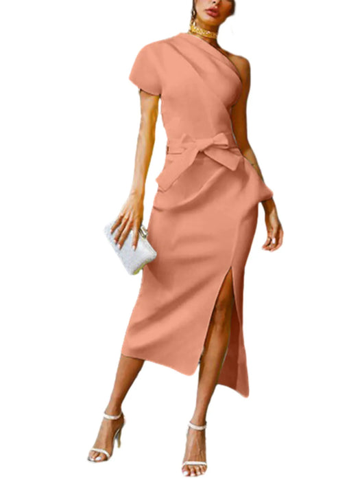 Sexy Peach Asymmetric One Shoulder Cocktail Party Ruched Dress On Sale