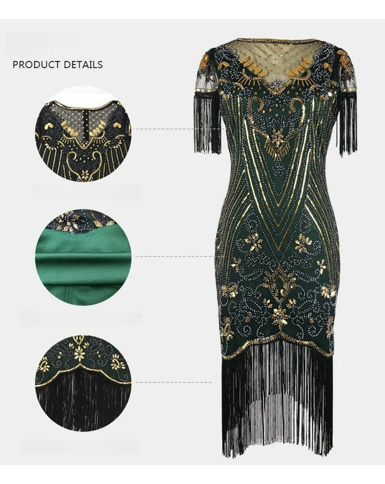 1920s Vintage Gatsby Style Semi-Sheer Lace Sleeve Sequin Fringed Flapper Cocktail Party Dresses On Sale