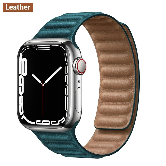 Malachite Green Leather Link Magnetic Loop Apple Watch Band On Sale