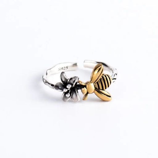 Vintage Style Silver Flower and Golden Bee Ring On Sale
