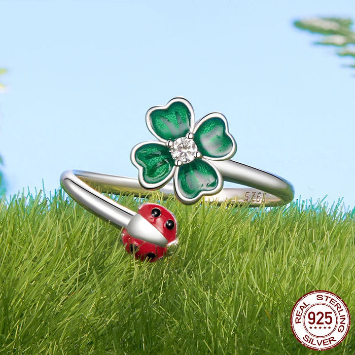 925 Sterling Silver Green Lucky Cloverleaf And Ladybug Ring Jewelry Set On Sale