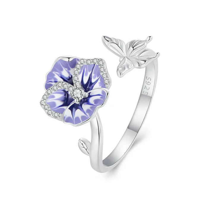 925 Sterling Silver Butterfly And Purple Pansy Flower Open Rings On Sale