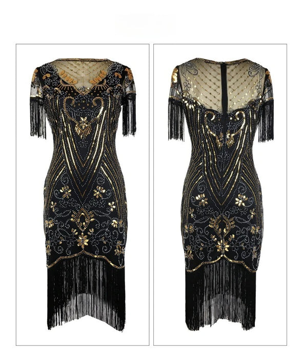 1920s Vintage Gatsby Style Semi-Sheer Lace Sleeve Sequin Fringed Flapper Cocktail Party Dresses On Sale