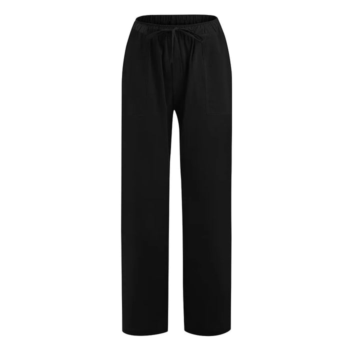 Women Fashion Low Waisted Comfy Black Cotton Linen Straight Leg Sweatpants On Sale