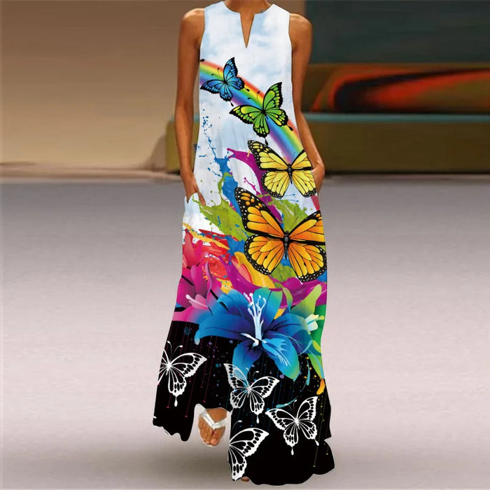 Butterfly V-neck Casual Boho Style Sleeveless Pocket Large Size Long Rainbow Beach Dress On Sale