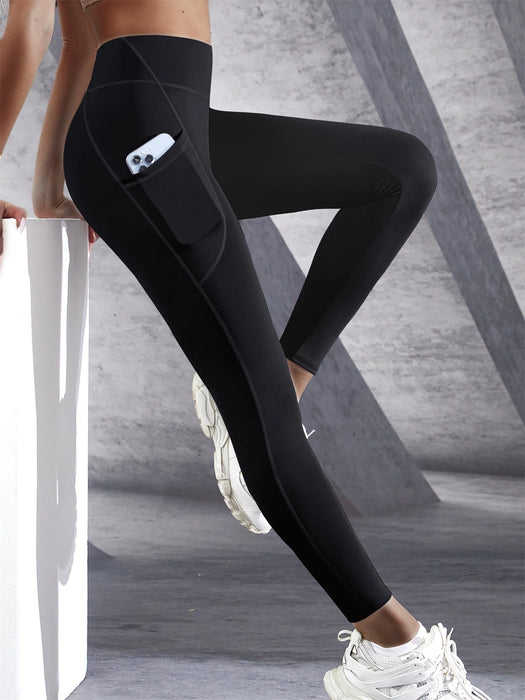 Black Lightweight High Waisted Solid Color Yoga Leggings with Pockets On Sale