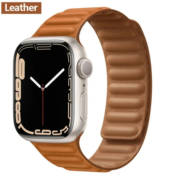 Gold Brown Leather Link Magnetic Loop Apple Watch Band On Sale