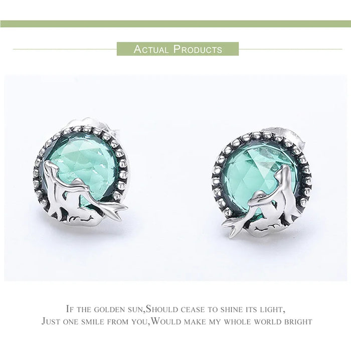 925 Sterling Silver Mermaid Light Green Glass Moon Stud Earrings On Sale