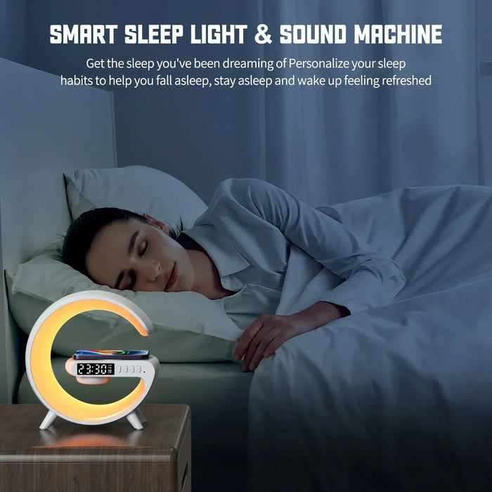 Smart Wireless Phone Charger with Bluetooth 5.0 Dual Speakers LED Alarm Clock and Atmosphere Night Light Lamp On Sale