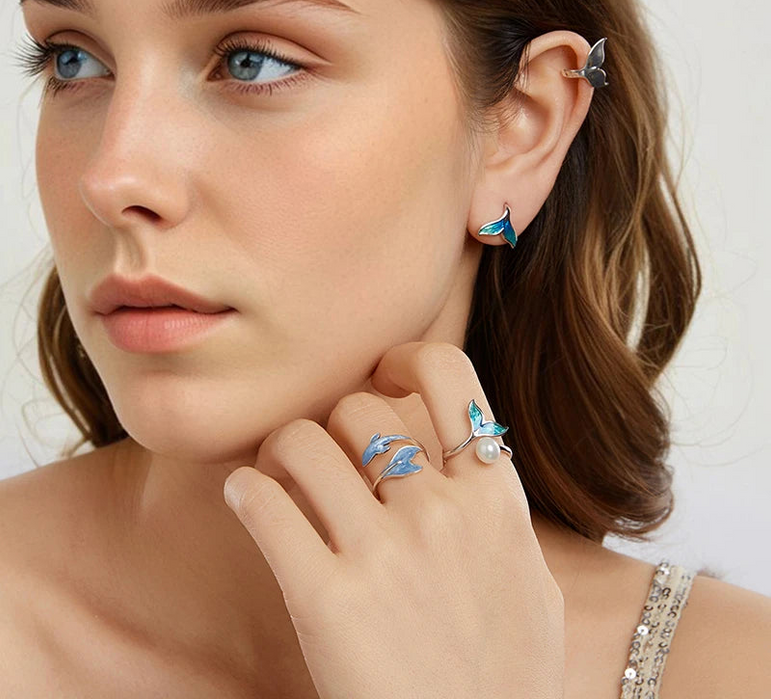 925 Sterling Silver White Gold Plated Enamel Whale Adjustable Rings And Earrings Jewelry Set On Sale