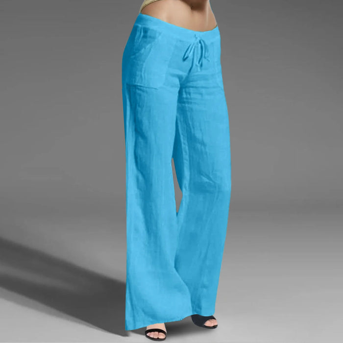 Women Fashion Low Waisted Comfy Blue Cotton Linen Straight Leg Sweatpants On Sale