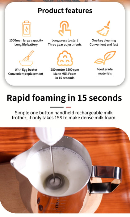 3-Speed Rechargeable Wireless Milk Frother Whisk On Sale