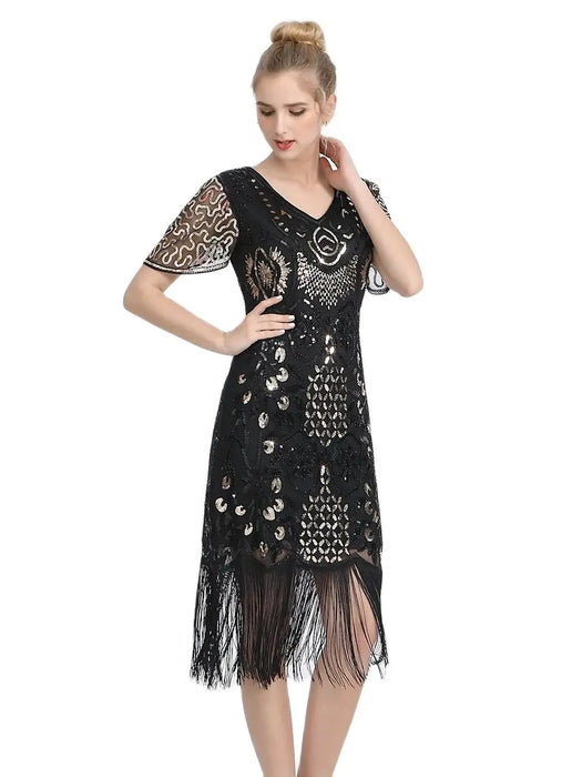1920s Gatsby Style V-Neck Petal Sleeves Black With Gold Embroidery Sequin Fringe Flapper Midi Dress On Sale