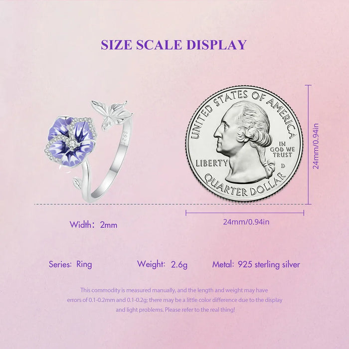 925 Sterling Silver Butterfly And Purple Pansy Flower Open Rings On Sale