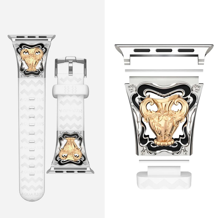 Aquarius White - 12 Constellations Silicone Sport Watch Band With Stainless Steel Zodiac Symbol Detail Compatible with Apple Watch Series 1–11, SE, Ultra, and Ultra 2 On Sale