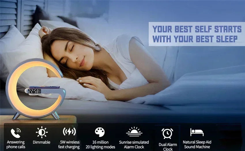 Smart Wireless Phone Charger with Bluetooth 5.0 Dual Speakers LED Alarm Clock and Atmosphere Night Light Lamp On Sale
