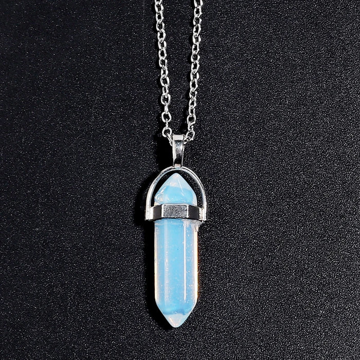 Natural Opal Quartz Crystal Hexagonal Pillar Bullet Pendant Necklaces On Sale