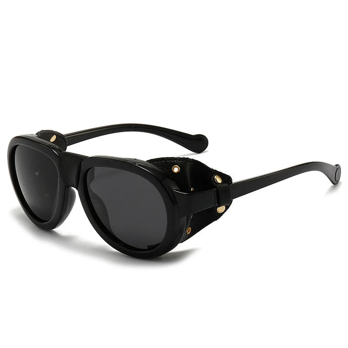 Black Frame Chic Vintage Steampunk Goggle Style Oval Polarized Sunglasses On Sale