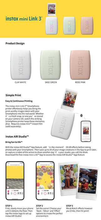 Fujifilm Instax Mini Link 3 Bluetooth Instant Photo Printer For Instax Mini Film – Portable Smartphone Printer (Multiple Colors) On Sale