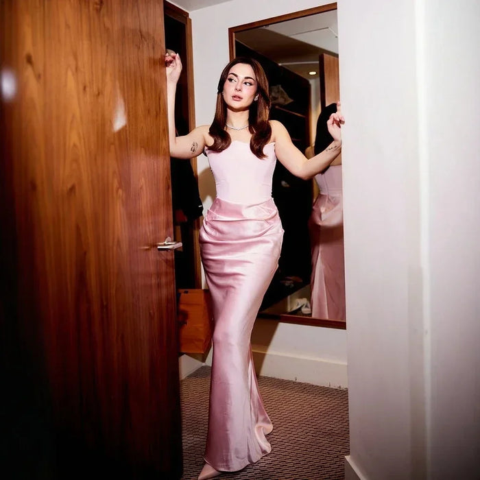 Elegant Strapless Corset Satin Maxi Pink Dress On Sale