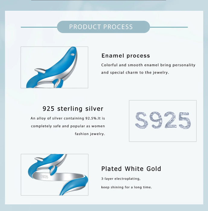 925 Sterling Silver White Gold Plated Glow-in-the-dark Enamel Whale Adjustable Rings On Sale