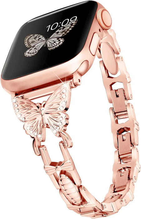 Rose Gold Butterfly Women Apple Watch Diamond Adjustable Chain 38mm 40mm 42mm 44mm 45mm 49mm On Sale