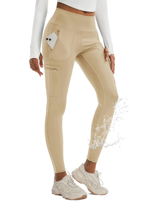 Light Khaki High-Waisted Women’s Hiking Leggings with Side Zipper Pockets On Sale