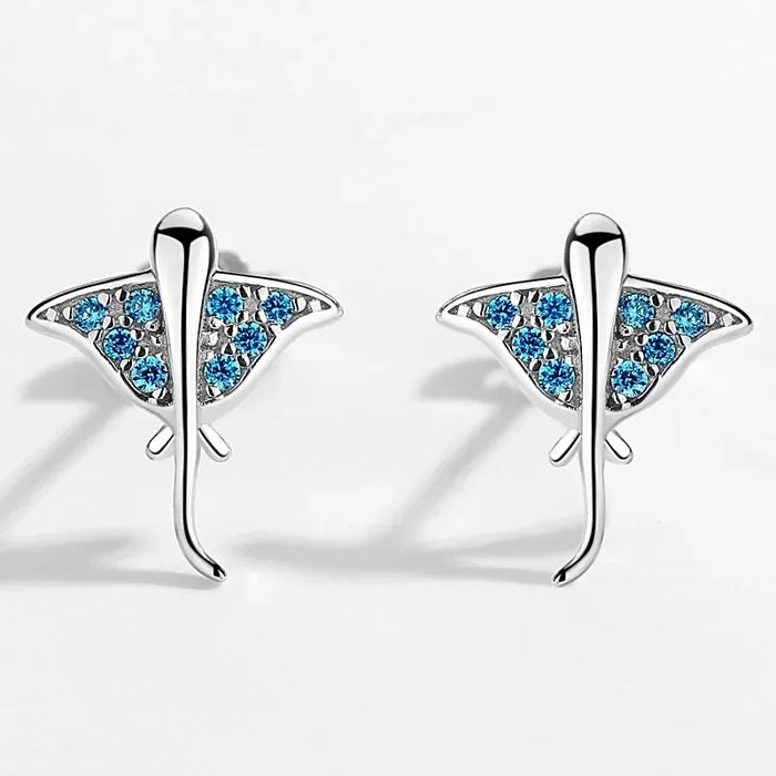 925 Sterling Silver Ocean Blue Devil Ray Stud Earrings On Sale
