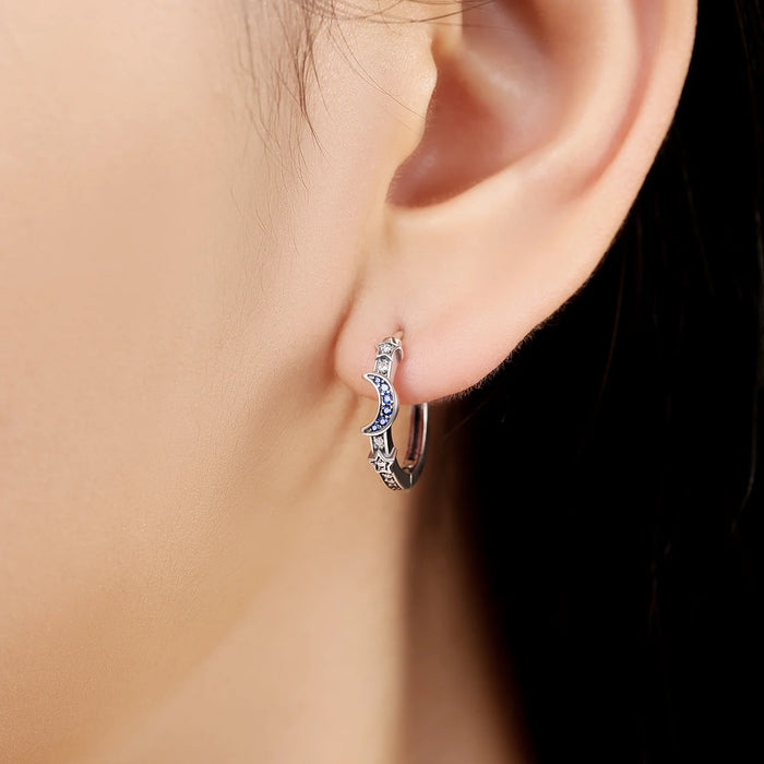925 Sterling Silver Dreamy Celestial Elegance Star & Moon Hoop Earrings On Sale 