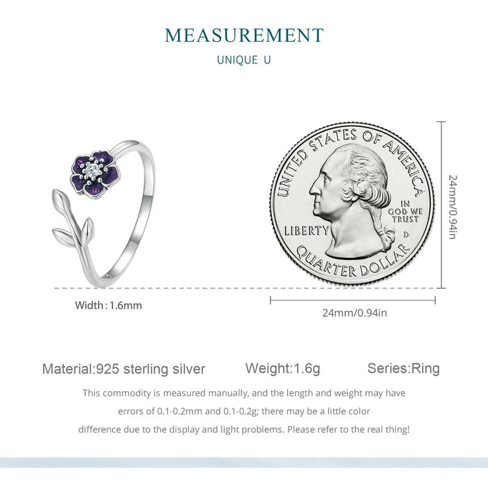925 Sterling Silver Enamel Flower Adjustable Open Ring With Zircon On Sale