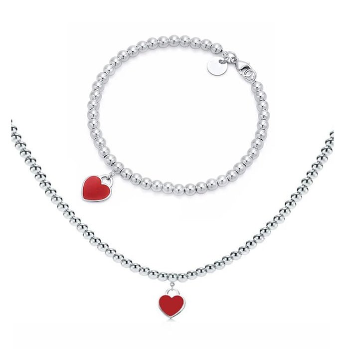 925 Sterling Silver Classic Tiffany Style Heart Charm Necklace And Bracelet Set On Sale - Red Silver Heart