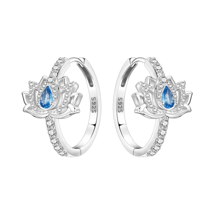 925 Sterling Silver Flower Design Hoop Earrings - Blue Lotus On Sale