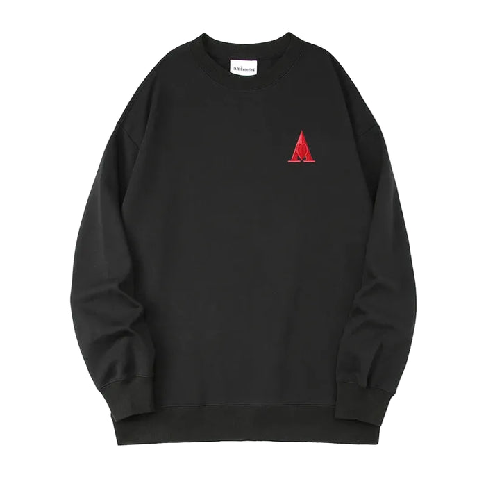 Black Unisex Embroidered Letter A Sweatshirt Casual Round Neck Cotton Blend Pullover Top On Sale