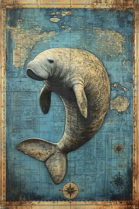 Manatee Illustration - Vintage Marine Life Canvas Print Nautical Treasure Map Wall Decor Ocean Theme Poster On Sale